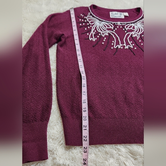Anthropologie Field Flower Pearled Bow Beaded Sweater Wool Blend Burgundy Sz Med - Picture 9 of 12